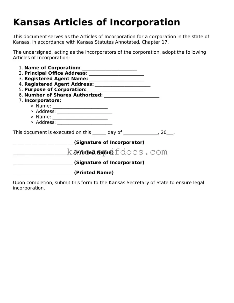 Valid Articles of Incorporation Template for Kansas State