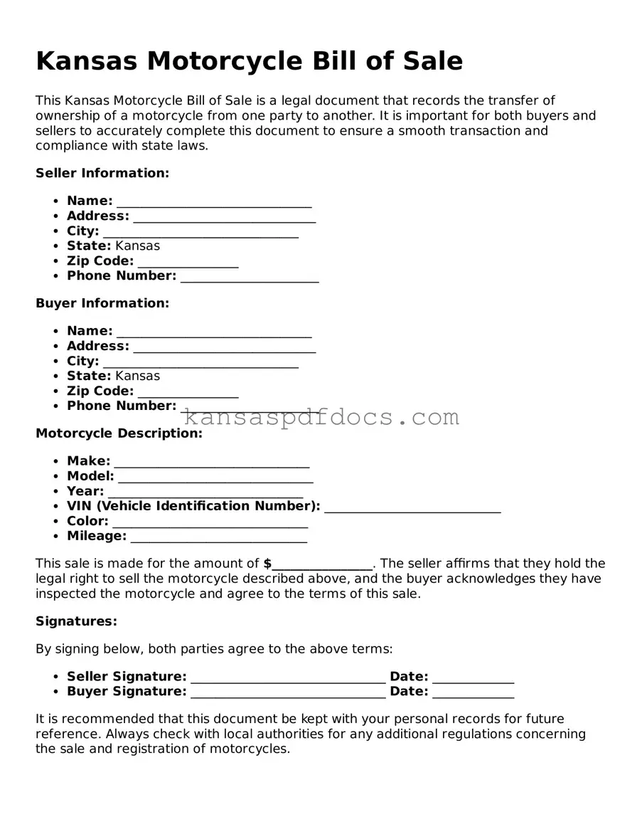 Valid Motorcycle Bill of Sale Template for Kansas State