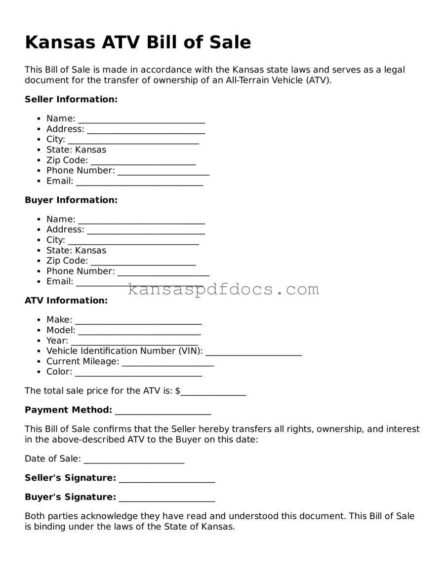 Valid ATV Bill of Sale Template for Kansas State