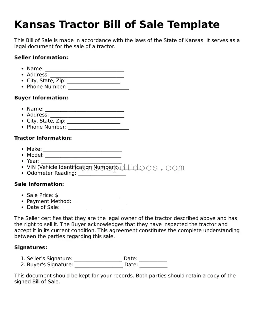 Valid Tractor Bill of Sale Template for Kansas State