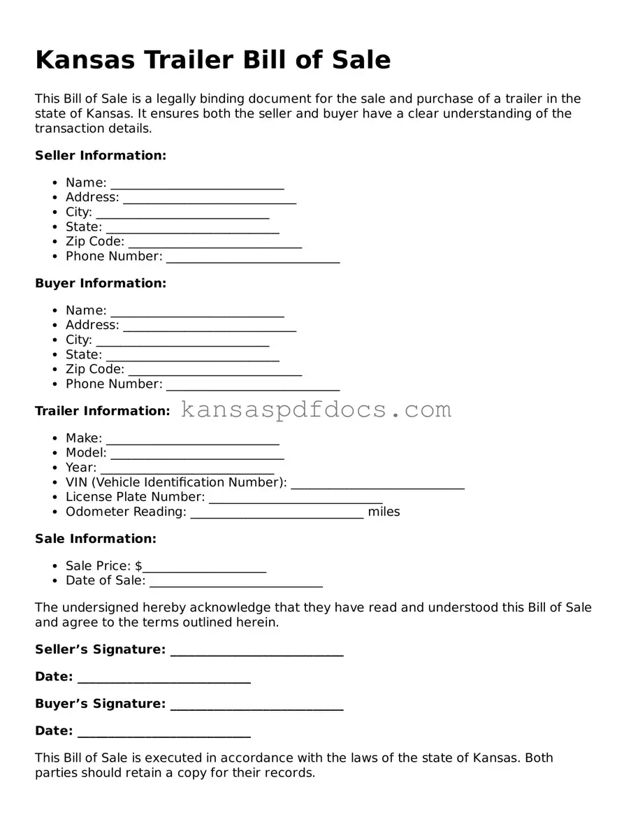 Valid Trailer Bill of Sale Template for Kansas State