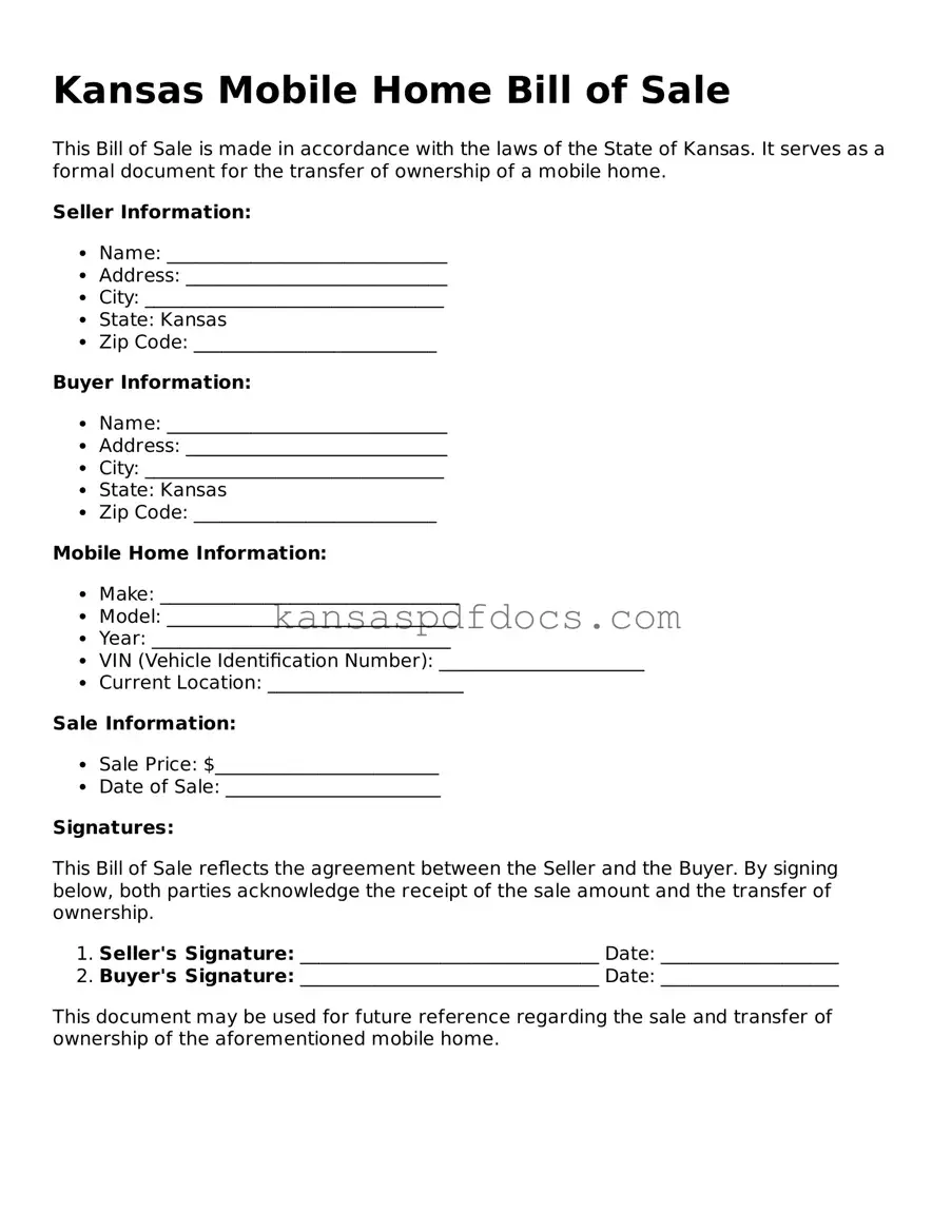 Valid Mobile Home Bill of Sale Template for Kansas State