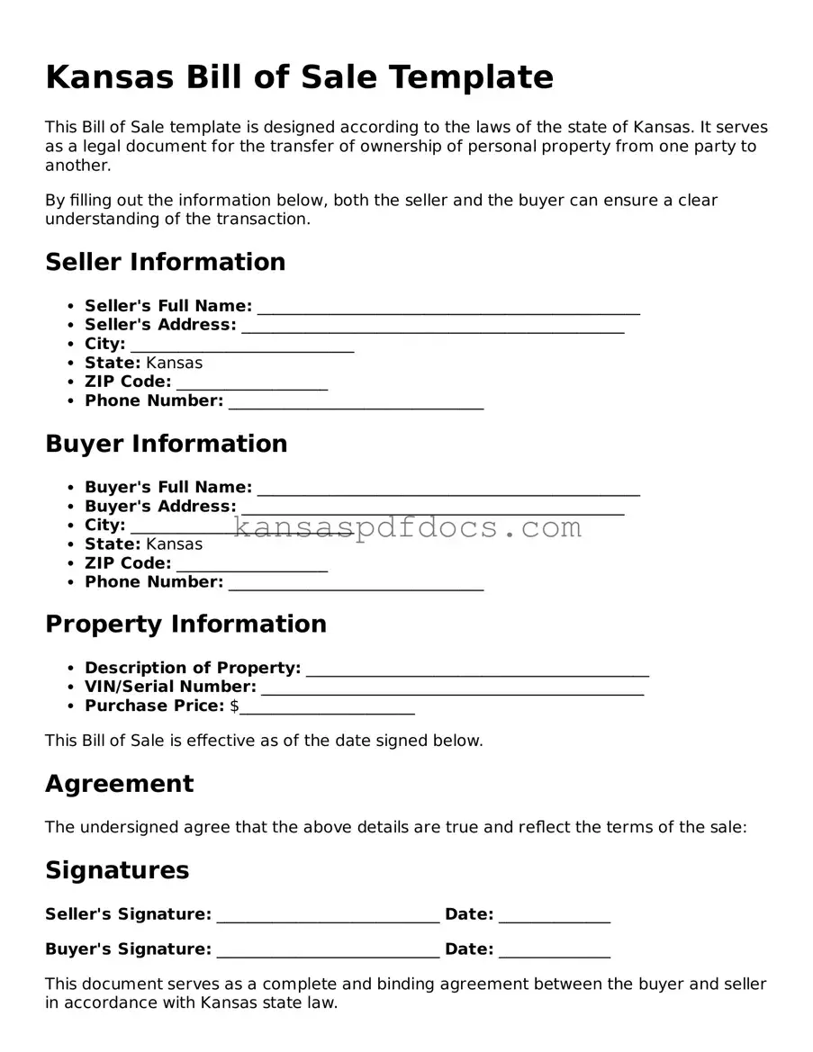 Valid Bill of Sale Template for Kansas State