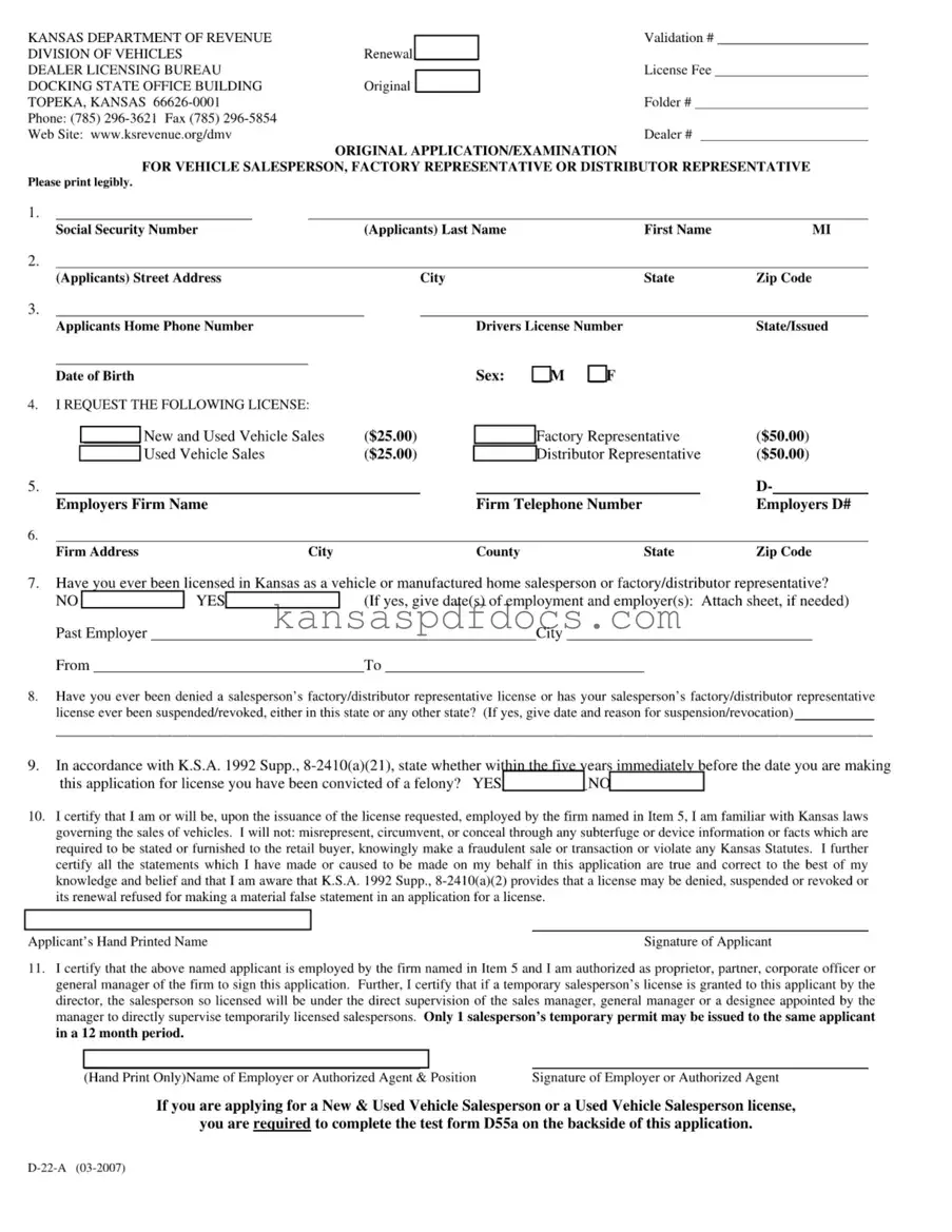 Download Kansas D 22A Form