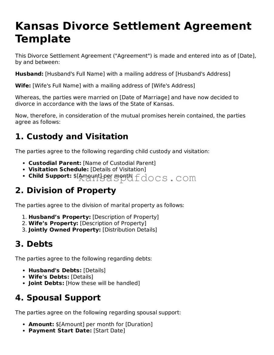 Valid Divorce Settlement Agreement Template for Kansas State