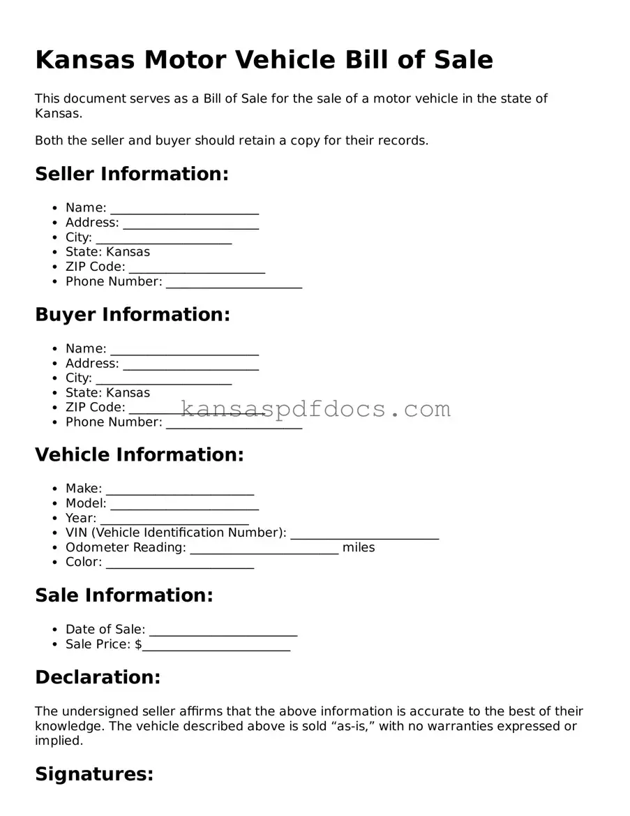 Valid Motor Vehicle Bill of Sale Template for Kansas State