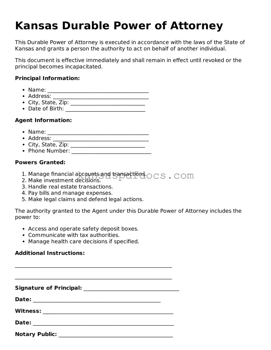 Valid Durable Power of Attorney Template for Kansas State