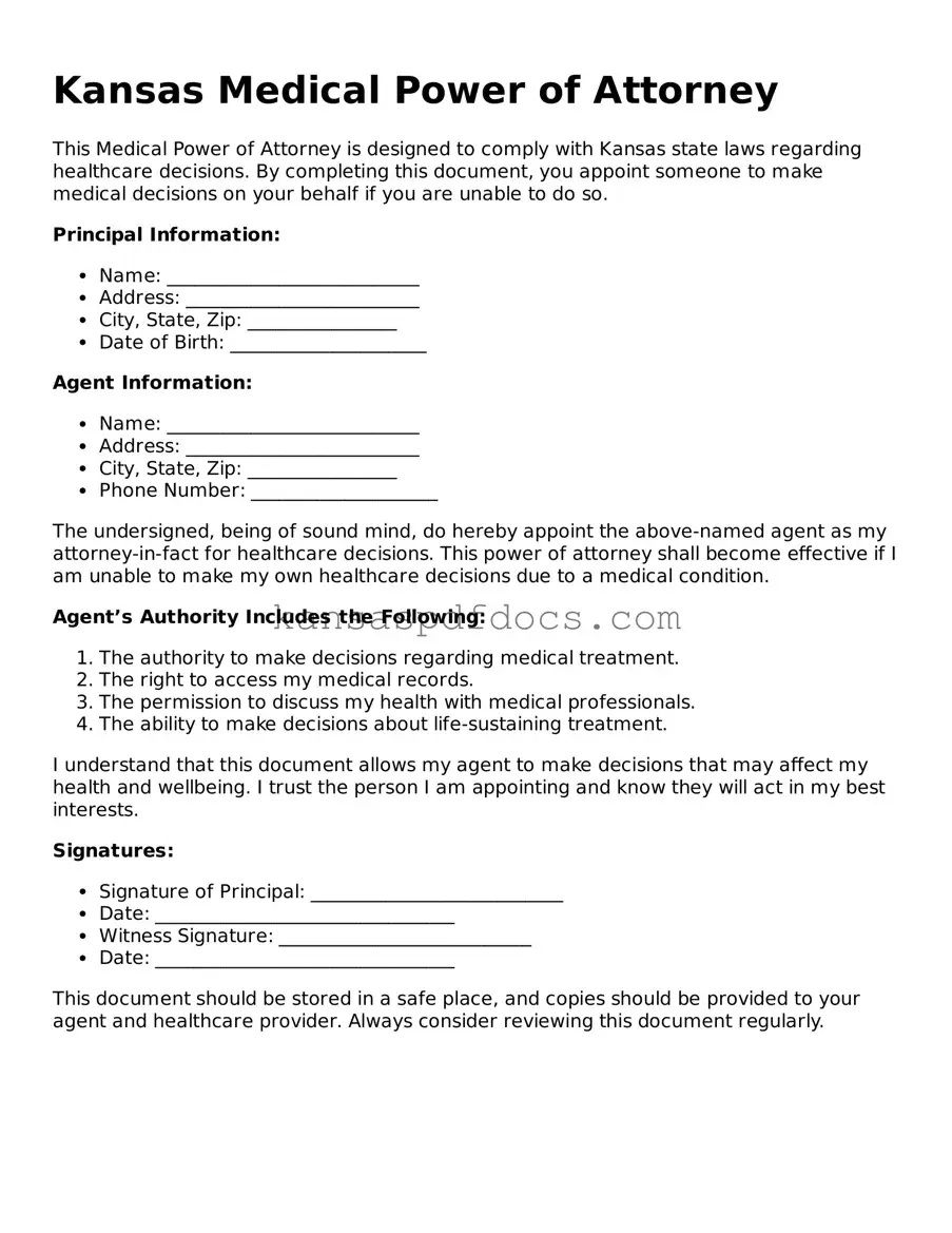 Valid Medical Power of Attorney Template for Kansas State