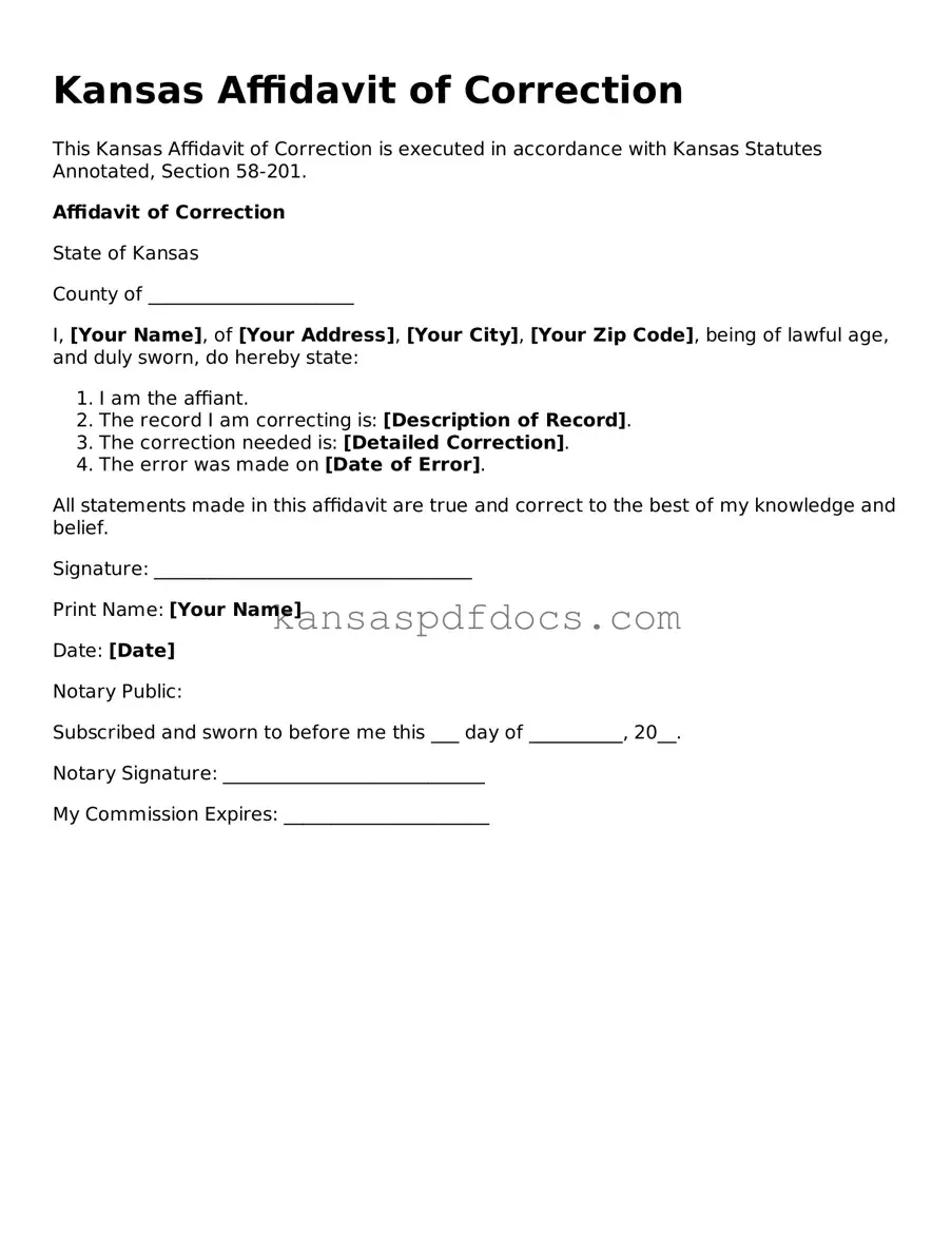 Valid Affidavit of Correction Template for Kansas State