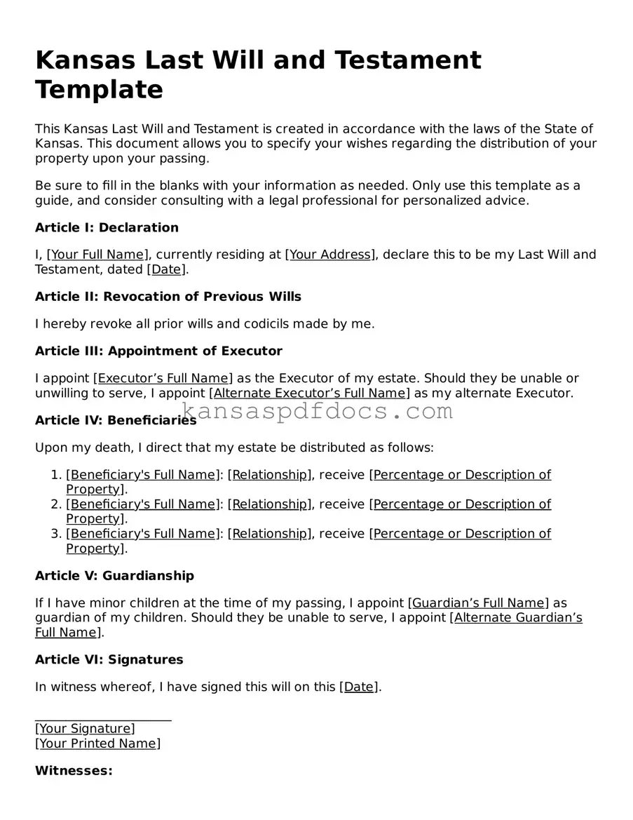 Valid Last Will and Testament Template for Kansas State