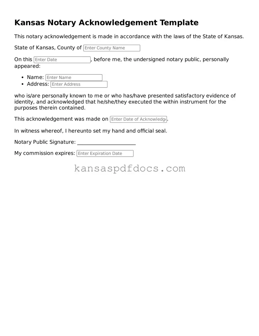 Valid Notary Acknowledgement Template for Kansas State