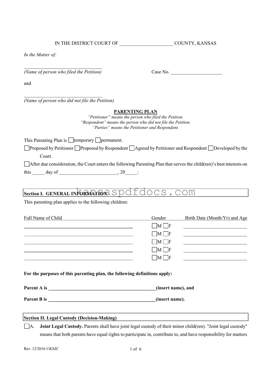 Download Kansas Parenting Plan Form