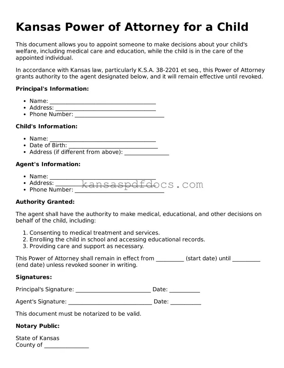 Valid Power of Attorney for a Child Template for Kansas State