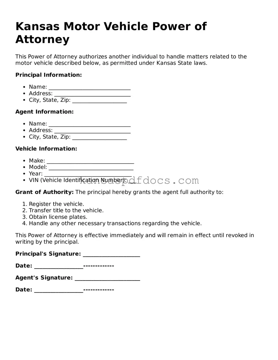 Valid Motor Vehicle Power of Attorney Template for Kansas State