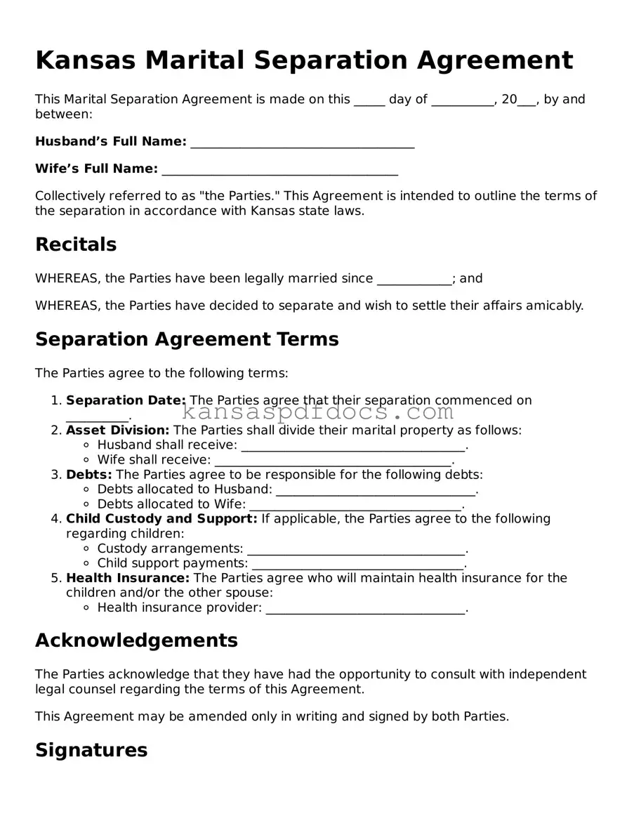 Valid Marital Separation Agreement Template for Kansas State