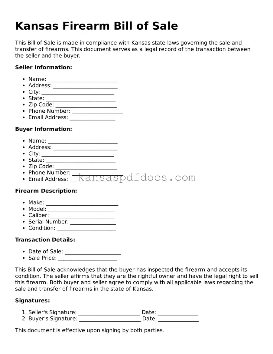 Valid Firearm Bill of Sale Template for Kansas State
