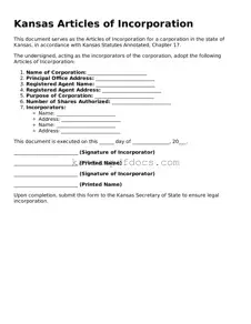 Valid Articles of Incorporation Template for Kansas State