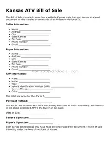 Valid ATV Bill of Sale Template for Kansas State