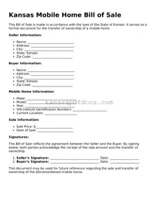 Valid Mobile Home Bill of Sale Template for Kansas State
