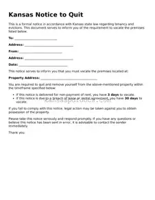 Valid Notice to Quit Template for Kansas State