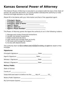 Valid General Power of Attorney Template for Kansas State