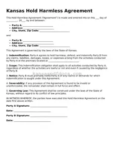 Valid Hold Harmless Agreement Template for Kansas State