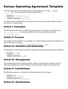 Valid Operating Agreement Template for Kansas State